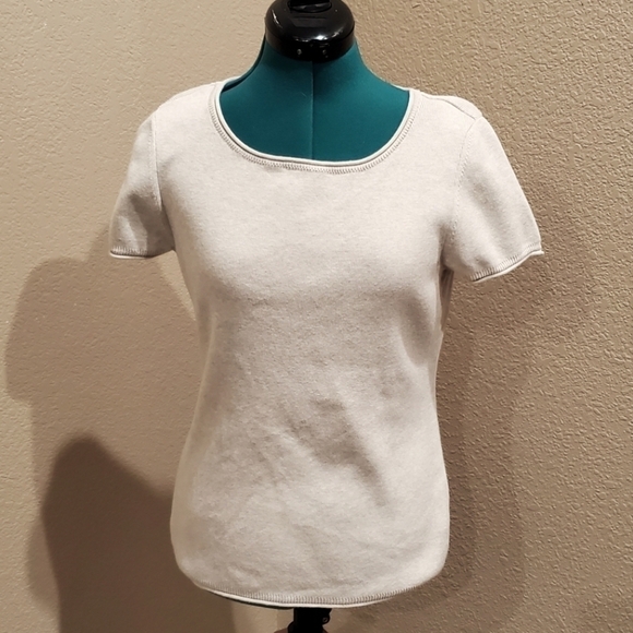 PERUVIAN CONNECTION 100% PIMA COTTON BEIGE SHORT SLEEVE SWEATER WOMEN MEDIUM - Picture 1 of 16
